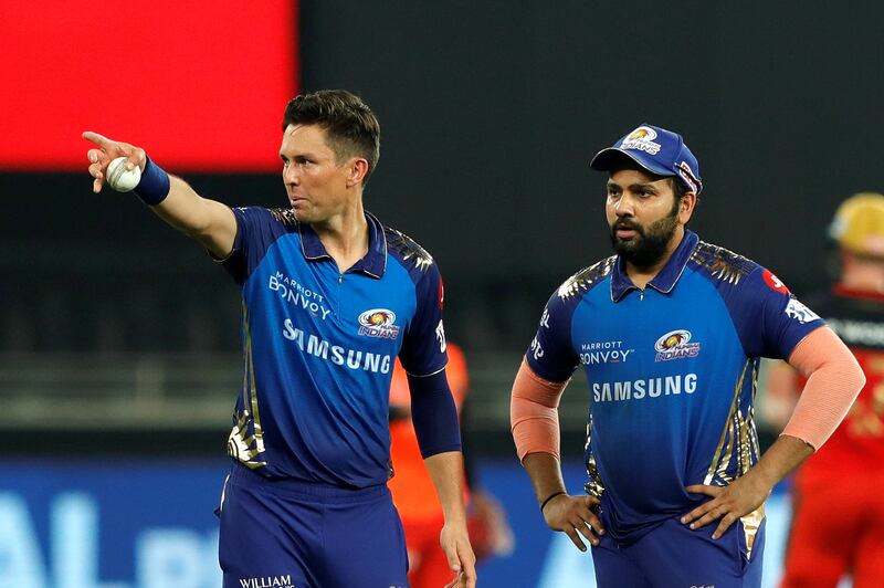 Rohit Sharma captain of Mumbai Indians  and Trent Boult of Mumbai Indians discussing during match 10 of season 13 of the Dream 11 Indian Premier League (IPL) between The Royal Challengers Bangalore and The Mumbai Indians held at the Dubai International Cricket Stadium, Dubai in the United Arab Emirates on the 28th September 2020.  Photo by: Saikat Das  / Sportzpics for BCCI
