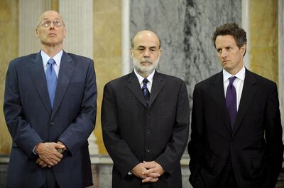 Mandatory Credit: Photo by Matthew Cavanaugh/EPA/REX/Shutterstock (7841247k)
(l to R) U S Treasury Secretary Henry Paulson Federal Reserve Chairman Ben Bernanke and Timothy Geithner President of the Federal Reserve Bank of New York Stand Together in the Cash Room of the Treasury Department After the Reading Statements On the Market Stability Initiative in Washington Dc Usa On 14 October 2008 Paulson and Bernanke Detailed the Bush Administration Plan to Rescue Frozen Credit Markets That Includes Spending Billions For Preferred Shares of Nine Major Banks in an Attempt to Prevent a Financial Market Meltdown and a Prolonged Recession
Usa White House Economy - Oct 2008