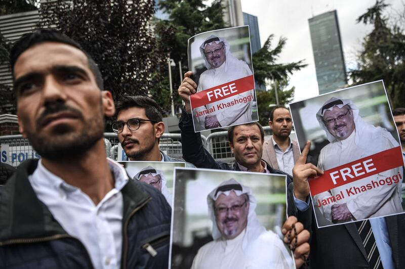 Protestors hold pictures of missing journalist Jamal Khashoggi during a demonstration in front of the Saudi Arabian consulate on October 8, 2018 in Istanbul. 
 Jamal Khashoggi, a veteran Saudi journalist who has been critical towards the Saudi government has gone missing after visiting the kingdom's consulate in Istanbul on October 2, 2018, the Washington Post reported. Turkey has sought permission to search Saudi Arabia's consulate in Istanbul after a prominent journalist from the kingdom went missing last week following a visit to the building, Turkish television reported on October 8. / AFP / OZAN KOSE

