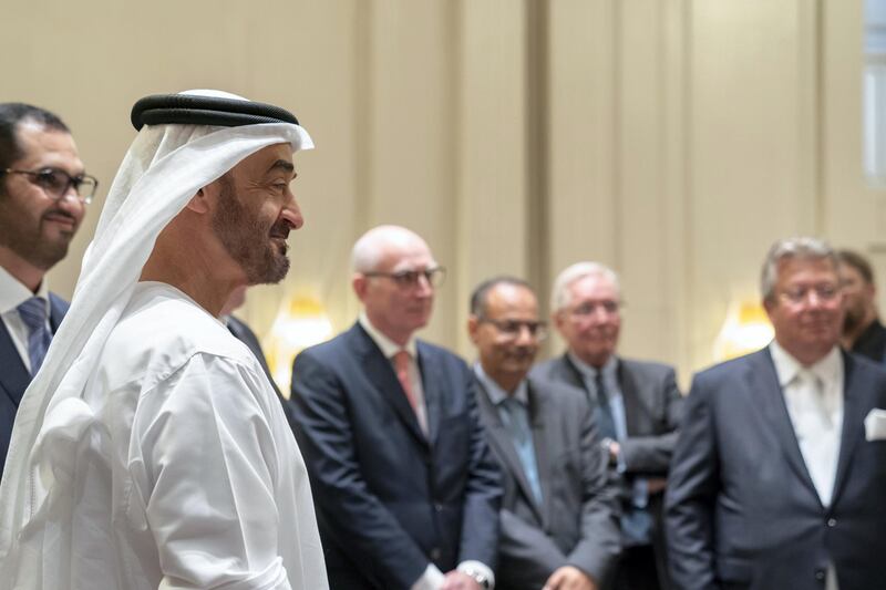 BERLIN, GERMANY - June 12, 2019: HH Sheikh Mohamed bin Zayed Al Nahyan, Crown Prince of Abu Dhabi and Deputy Supreme Commander of the UAE Armed Forces (L), meets with representatives of German companies from various sectors, in Berlin.

( Mohamed Al Hammadi / Ministry of Presidential Affairs )
---