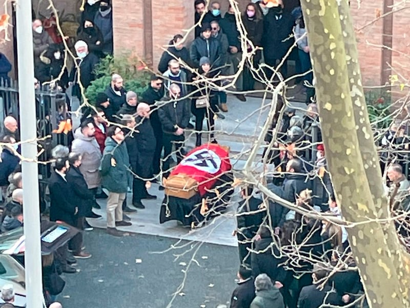Right-wing extremists caused outrage after they draped a swastika flag over the coffin of a former member of Forza Nuova, an Italian far-right group, at a funeral in Rome. AP Photo
