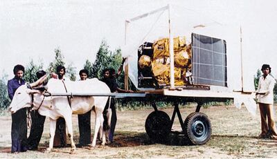 Apple (Ariane Passenger Payload Experiment) satellite was tested for electro-magnetic cleanlieness on a makeshift test facility using a bullock cart. courtsey: Indian Space Research Organization (ISRO)