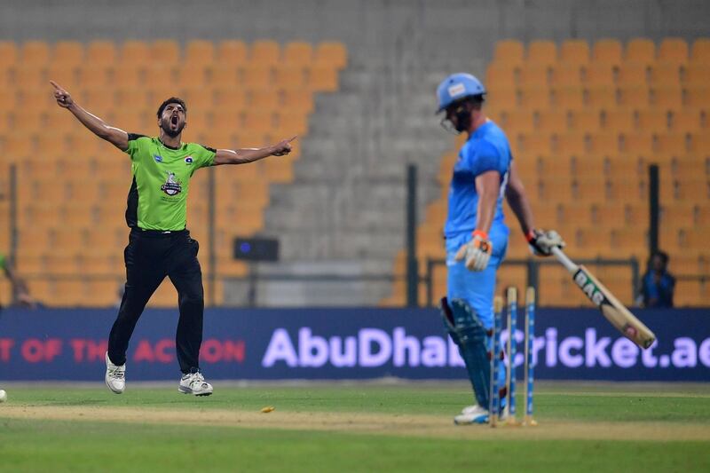 Lahore Qalanders Harris Rauf celebrates the victory at the end of the final cricket match of the Abu Dhabi T20 between Lahore Qalanders and Multiply Titans at The Sheikh Zayed Stadium in Abu Dhabi on October 6, 2018. 
  / AFP / GIUSEPPE CACACE
