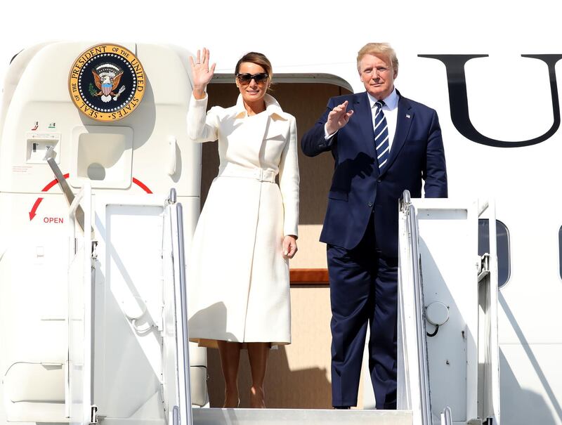 SHANNON, IRELAND - JUNE 05: US President Donald Trump exits Air Force One alongside First Lady Melania Trump after arriving at Shannon Airport on June 5, 2019 in Shannon, Ireland. After visiting the UK for the D-Day 75th anniversary, US President Donald Trump will visit Ireland to meet with Taoiseach Leo Varadkar before travelling to the Trump International Golf Links resort in Doonbeg. (Photo by Pool/Getty Images)
