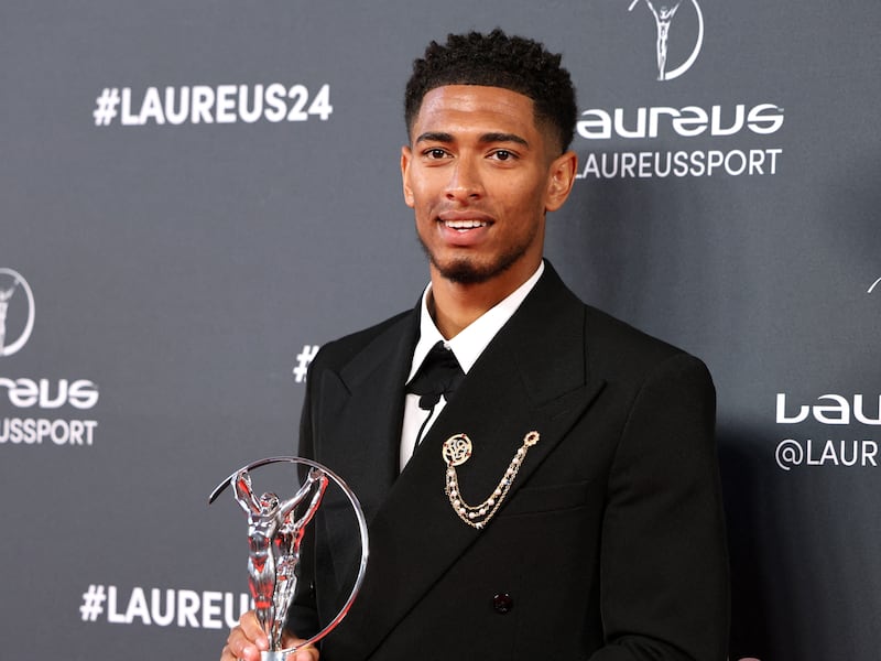 Real Madrid and England midfielder Jude Bellingham poses with his trophy after winning the Breakthrough of the Year award at the 2024 Laureus World Sports Awards at Palacio de Cibeles, Madrid, Spain. Getty