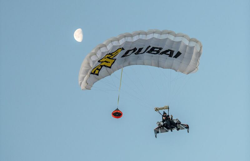 Vince Reffet, known as Jetman, takes part in a flight in Dubai in February 2020. AFP / Expo 2020