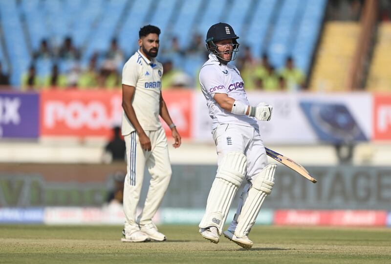 England batsman Ben Duckett celebrates after reaching his century on the second day of the third Test against India at the Niranjan Shah Stadium in Rajkot on February 16, 2024. Getty Images