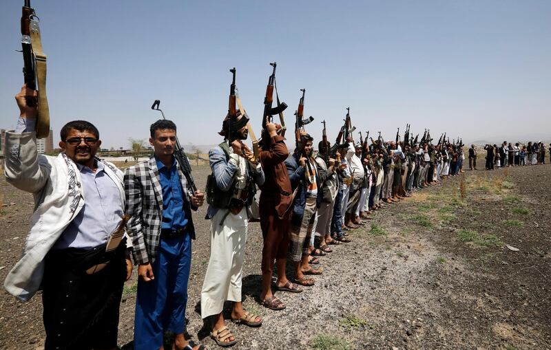 epa09215485 Armed Houthi supporters take part in a rally protesting against Israeli strikes on the Gaza Strip, in Sana’a, Yemen, 20 May 2021. In response to days of violent confrontations between Israeli security forces and Palestinians in Jerusalem, various Palestinian militant factions in Gaza launched rocket attacks since 10 May that killed at least ten Israelis to date. Gaza Strip's health ministry said that at least 232 Palestinians, including 65 children, were killed in the recent retaliatory Israeli airstrikes.  EPA/YAHYA ARHAB