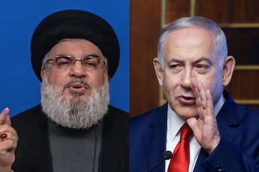 Benjamin Netanyahu, right, has toldHassan Nasrallah, left, to calm down after the Hezbollah leader warned Israel of an imminent response to two Israeli drones that crashed in Beirut Photo composite: EPA / AP Photo