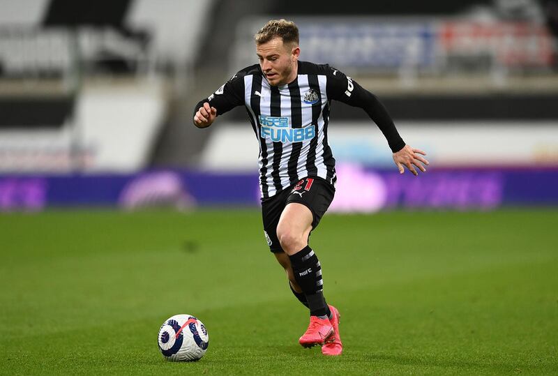 NEWCASTLE UPON TYNE, ENGLAND - MARCH 12: Newcastle player Ryan Fraser in action during the Premier League match between Newcastle United and Aston Villa at St. James Park on March 12, 2021 in Newcastle upon Tyne, England. Sporting stadiums around the UK remain under strict restrictions due to the Coronavirus Pandemic as Government social distancing laws prohibit fans inside venues resulting in games being played behind closed doors. (Photo by Stu Forster/Getty Images)