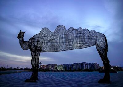 Abu Dhabi, United Arab Emirates, May 19, 2020.  The Masdar Park camel during sunset, Masdar City, Abu Dhabi.
Victor Besa  / The National
Section:  standalone / stock images
Reporter: