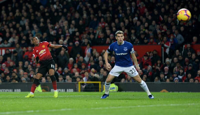 Soccer Football - Premier League - Manchester United v Everton - Old Trafford, Manchester, Britain - October 28, 2018  Manchester United's Anthony Martial scores their second goal   REUTERS/Peter Powell  EDITORIAL USE ONLY. No use with unauthorized audio, video, data, fixture lists, club/league logos or "live" services. Online in-match use limited to 75 images, no video emulation. No use in betting, games or single club/league/player publications.  Please contact your account representative for further details.