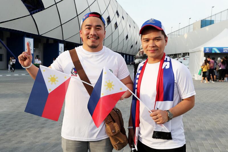 DUBAI , UNITED ARAB EMIRATES , January  7 ��� 2019 :- left to Right - Vincent Doblada and Joey Trono , PHILIPPINES fans before the start of AFC Asian Cup UAE 2019 football match between KOREA REPUBLIC vs. PHILIPPINES held at Al-Maktoum Stadium in Dubai. ( Pawan Singh / The National ) For News/Sports