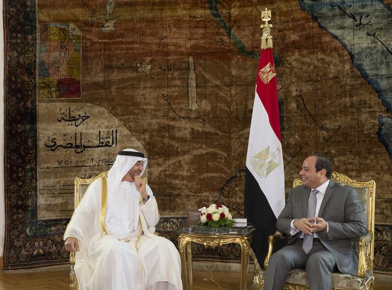 Sheikh Mohammed bin Zayed, Crown Prince of Abu Dhabi and Deputy Supreme Commander of the Armed Forces and Egyptian president Abdel Fattah El Sisi met for talks at Heliopolis Palace in Cairo on Thursday . Mohamed Al Hammadi / Crown Prince Court – Abu Dhabi
