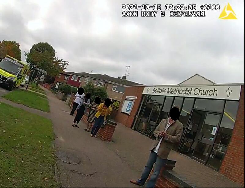 A screengrab from bodycam footage at Belfairs Methodist Church where Amess held his constituency surgery, which was shown to the jury at the Old Bailey in London. PA