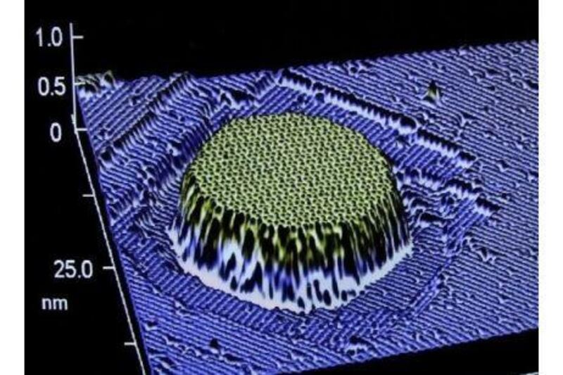 A computer-generated image of a germanium crystal is seen at Hewlett-Packard Co. headquarters in Palo Alto, Calif., Wednesday, Jan. 23, 2002. Crystals were used as part of HP's molecular electronics research. One nanometer is one billionth of a meter. Scientists at HP and UCLA said Wednesday they have patented a means of getting around a significant hurdle in the race to build computer chips at the molecular level. Researchers in the field of nanotechnology hope to someday create computers small enough to be sprinkled like dust. (AP Photo/Paul Sakuma)