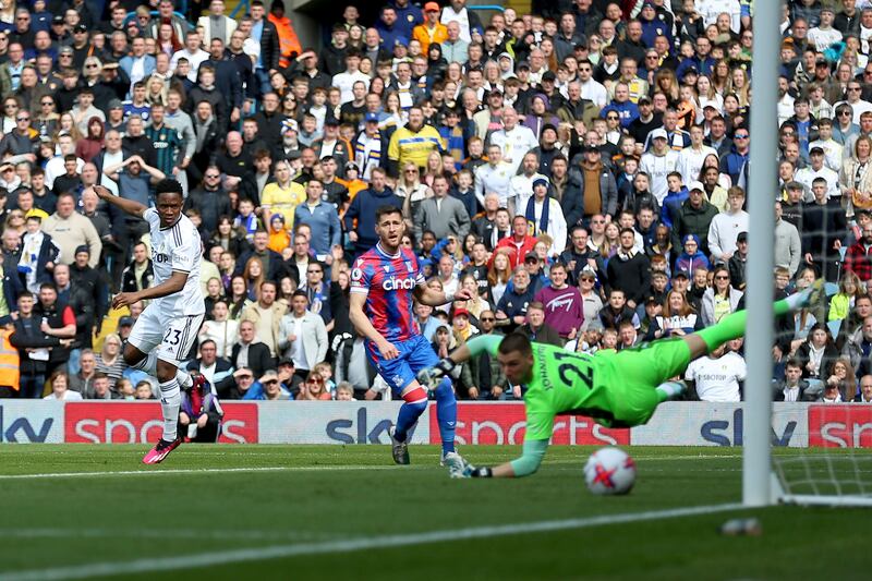 Leeds United's Luis Sinisterra, left, shoots towards goal. PA 