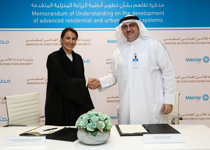 A food security agreement has been signed by Mariam bint Mohammed Saeed Hareb Almheiri, minister of state for future food security and Mohamed Jameel Al Ramahi, chief executive officer of Masdar. Courtesy: Masdar