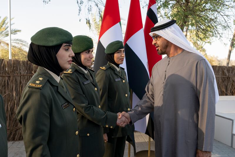 President Sheikh Mohamed bin Zayed with members of the Armed Forces at Abu Mreikhah