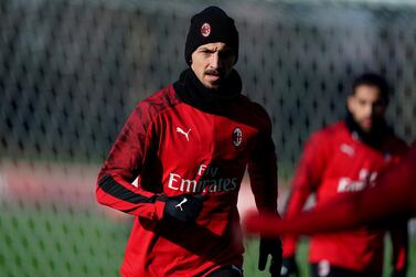 Zlatan Ibrahimovic trains in Carnago, near Milan, Italy, Saturday, Jan. 3, 2020. The 38-year-old striker signed a deal with AC Milan until the end of the season with an option to extend for another year. (Spada/LaPresse via AP)