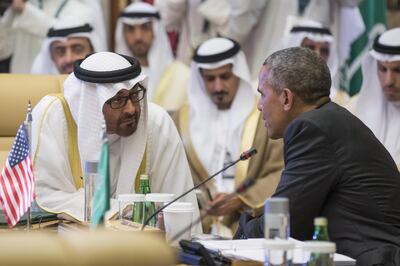 RIYADH, SAUDI ARABIA - April 21, 2016: HH Sheikh Mohamed bin Zayed Al Nahyan, Crown Prince of Abu Dhabi and Deputy Supreme Commander of the UAE Armed Forces (L), speaks with Barack Obama, President of the United States of America (R), during the GCC-US Summit opening session. 
( Ryan Carter / Crown Prince Court - Abu Dhabi ) *** Local Caption ***  20160421RC_C5_0473.jpg