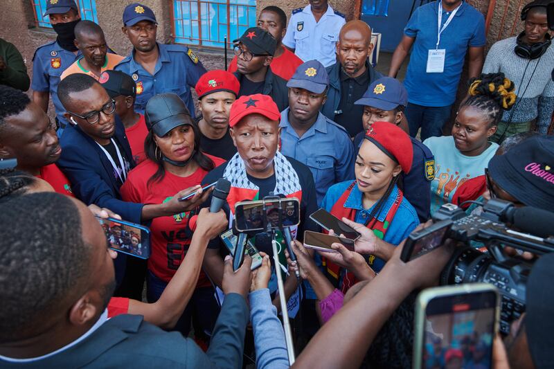 Julius Malema, leader of the Economic Freedom Fighters party, speaks to the media after voting in Seshego, Limpopo province, in South Africa's general election. Bloomberg