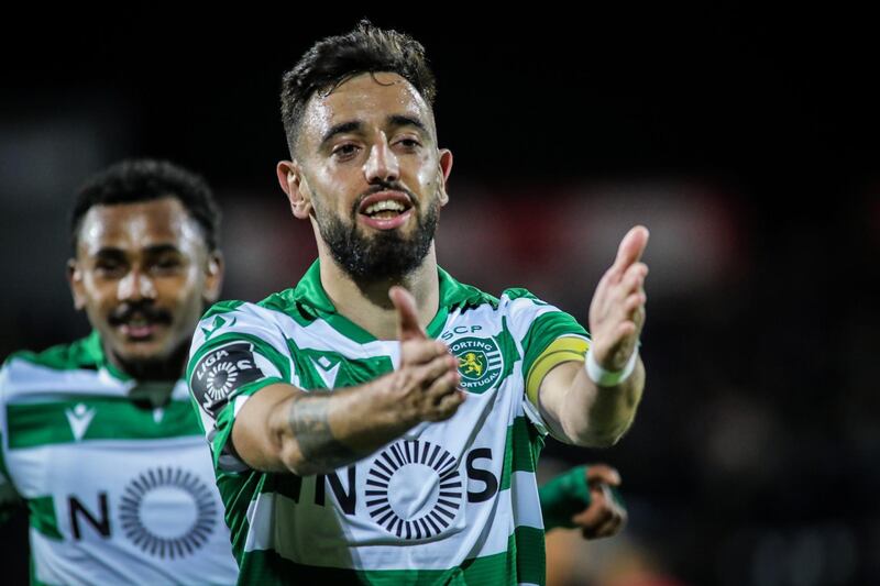 epa08075951 Sporting CP's Bruno Fernandes celebrates after scoring a goal against Santa Clara during the Portuguese First League soccer match between Santa Clara and Sporting CP held at Sao Miguel stadium in Ponta Delgada, Azores, Portugal, 16 December 2019.  EPA/EDUARDO COSTA