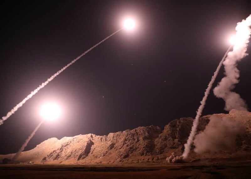 epa07060767 A handout photo made available by Irans Revolutionary Guard official website showing missiles being launches from an undisclosed location targeting the Islamic state group group in eastern Syria, 01 October 2018. Media reports state that the attack came after a recent terror attack on a military parade in city of Ahvaz southern Iran, which killed at least 25 people and wounded others.  EPA/SEPAHNEWS / HANDOUT  HANDOUT EDITORIAL USE ONLY/NO SALES