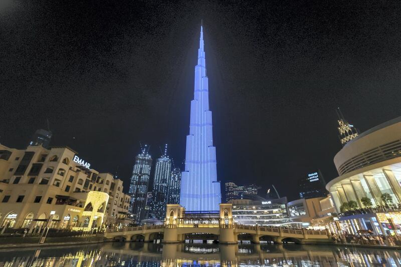 Dubai, United Arab Emirates - Reporter: N/A: Dubai's Burj Khalifa turns blue for Angelman Syndrome. Saturday, February 15th, 2020. Downtown, Dubai. Chris Whiteoak / The National