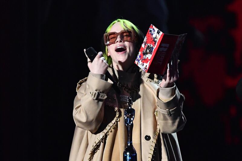Billie Eilish presents Mastercard Album of The Year during The BRIT Awards 2020 at The O2 Arena on February 18, 2020 in London, England. Getty Images