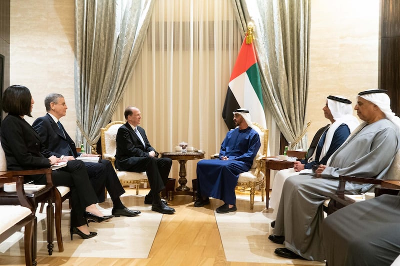 ABU DHABI, UNITED ARAB EMIRATES - February 16, 2020: HH Sheikh Mohamed bin Zayed Al Nahyan, Crown Prince of Abu Dhabi and Deputy Supreme Commander of the UAE Armed Forces (3rd R), meets with David Malpass, President of the World Bank Group (4th R), at Al Shati Palace. Seen with HE Obaid bin Humaid Al Tayer, UAE Minister of State for Financial Affairs (R) and HH Lt General Sheikh Saif bin Zayed Al Nahyan, UAE Deputy Prime Minister and Minister of Interior (2nd R).

( Rashed Al Mansoori / Ministry of Presidential Affairs )
---