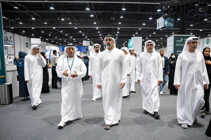 Sheikh Khaled bin Mohamed, member of the Abu Dhabi Executive Council and head of the Abu Dhabi Executive Office, attends the EmiratesSkills National Competition at the Abu Dhabi National Exhibition Centre