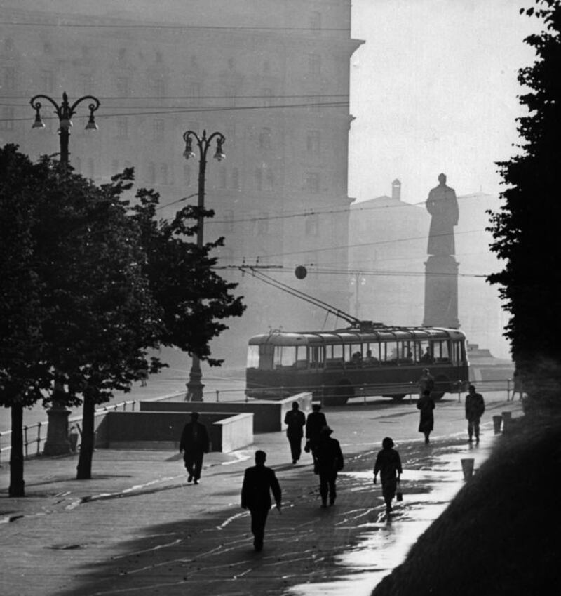 An early morning street scene at Dzerzhinsky Square in Moscow, 1959. The KGB headquarters, Lubyanka, is in the background. Getty Images

