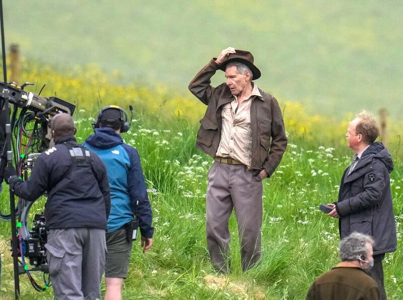 Harrison Ford and Toby Jones photographed on set during filming of the new Indiana Jones movie in Leaderfoot in the Scottish Borders. Shutterstock