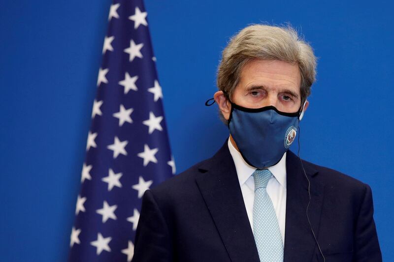 FILE PHOTO: U.S. Special Presidential Envoy for Climate John Kerry attends a joint news conference with French Economy and Finance Minister Bruno Le Maire (not seen) after a meeting at the Bercy Finance Ministry in Paris, France, March 10, 2021. REUTERS/Benoit Tessier/File Photo