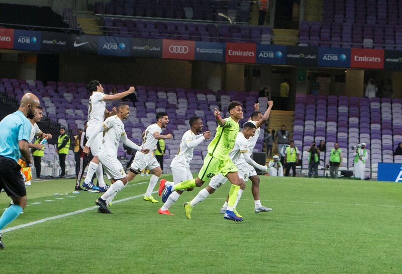    AL AIN, UNITED ARAB EMIRATES - Shahab Al Ahli Dubai celebrating their win  at Al Wahda vs Shabab Al Ahli Dubai AGC Final Match at Hazza Bin Zayed Stadium, Al Ain.  Leslie Pableo for The National