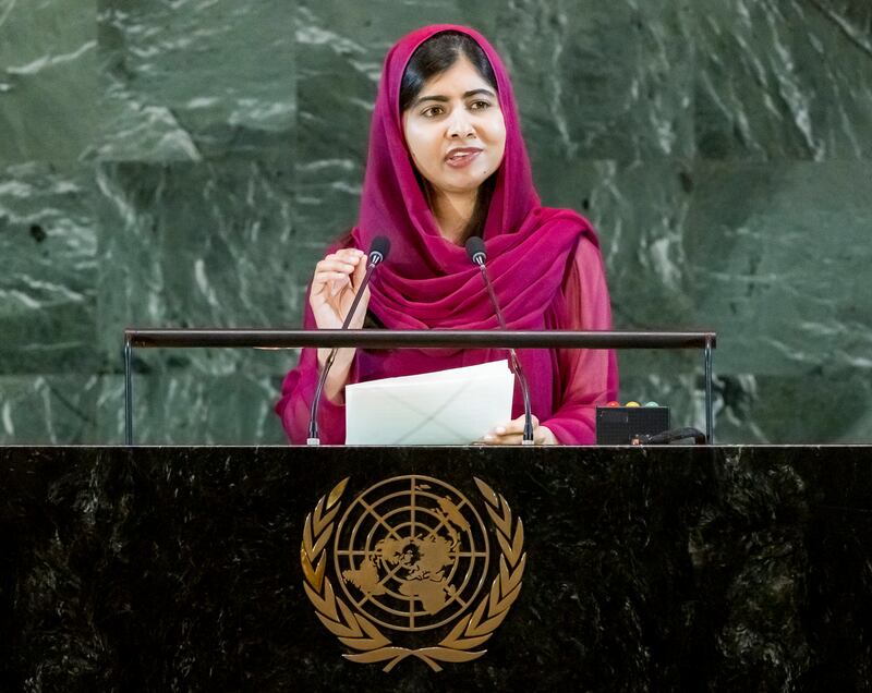 2014 Nobel Peace Prize laureate Malala Yousafzai addresses the UN's Transforming Education Summit. EPA