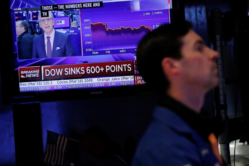 The day's losses are shown on a television screen above the floor of the New York Stock Exchange shortly after the closing bell in New York, U.S., February 2, 2018.  REUTERS/Lucas Jackson