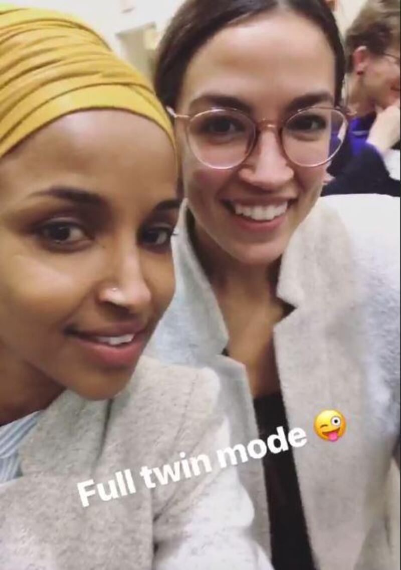 Ilhan Omar and Alexandria Ocasio-Cortez turned up to work in the same jacket - hey, it happens. Photo: Instagram / Ilhan Omar 