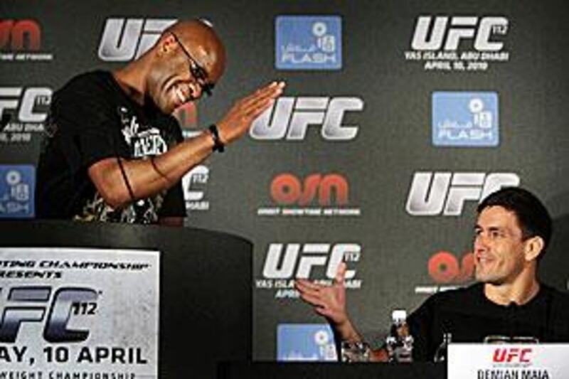 Anderson Silva, left, and Demian Maia put on a friendly front yesterday ahead of their UFC 112 bout on Saturday.