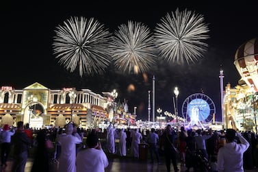 Global Village does the World record attempt of the highest fireworks. 20 skydivers landing in Global Village with fireworks on May 2nd, 2021. Chris Whiteoak / The National. Reporter: Katy Gillett for Lifestyle
