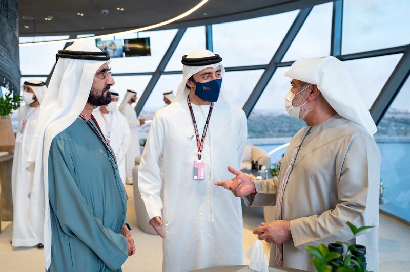 Sheikh Mohammed bin Rashid, Vice President and Ruler of Dubai, Sheikh Abdullah bin Zayed, Minister of Foreign Affairs and International Co-operation, and Sheikh Hamdan bin Mohamed at Shams Tower. Photo: Hamad Al Kaabi / Ministry of Presidential Affairs