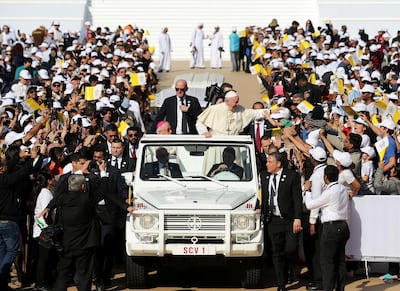 Abu Dhabi, United Arab Emirates - February 05, 2019: The Pope arrives. Pope Francis takes a large public mass to mark his land mark visit to the UAE. Tuesday the 5th of February 2019 at Zayed Sports city stadium, Abu Dhabi. Chris Whiteoak / The National