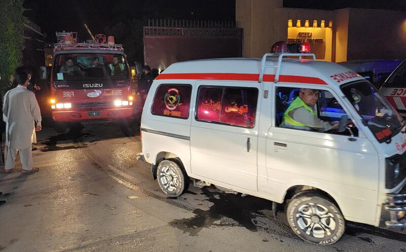 Ambulance leave the scene of a bomb blast at the parking lot of Serena hotel in Quetta, provincial capital of Balochistan province, Pakistan.  EPA