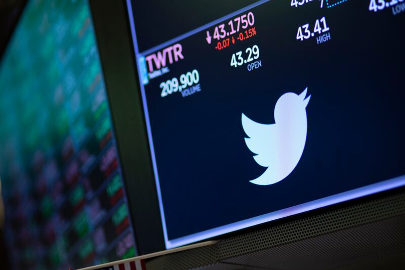 A screen shows the price of Twitter stock at the New York Stock Exchange in 2019. The social networking site has been working to add new features such as audio chat rooms to attract users. AP