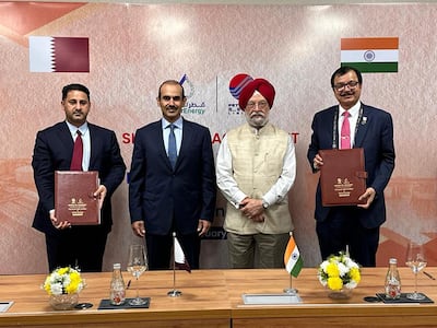 Saad Al Kaabi, president and chief executive of QatarEnergy (second from left), and Hardeep Singh Puri, India's Minister of Petroleum and Natural Gas (third from left) at the signing. Photo: QatarEnergy