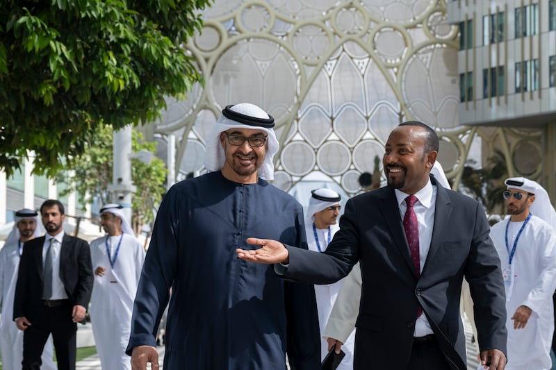President Sheikh Mohamed receives Ethiopia's Prime Minister Abiy Ahmed at Cop28 at Expo City Dubai. Photo: UAE Presidential Court 