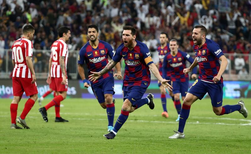Barcelona's Lionel Messi celebrates after scoring. Reuters