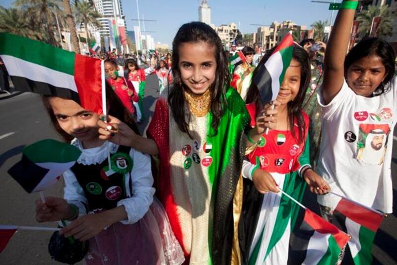 Dubai, United Arab Emirates, Dec 02, 2012 -  Emirati girls during the national day parade at Emaar boulevar , downtown Dubai.( Jaime Puebla / The National Newspaper )
