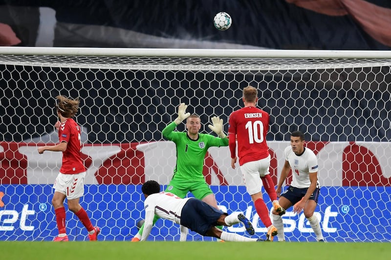 ENGLAND RATINGS: Jordan Pickford - 7: Not hugely troubled. One decent stop at his near post from a fierce Kasper Dolberg drive. Shots at his goal generally flew high or wide. Will have been relieved to see Christian Eriksen blaze over with superb second-half chance.Getty